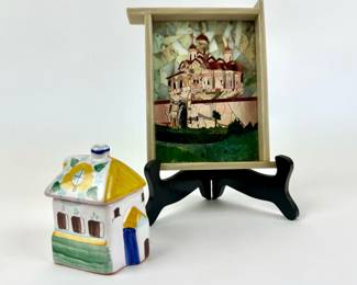 #164 • Russian Marble Mosaic of Cathedral & Gzhel Small Pottery Church
