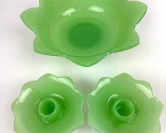 #84 • Fenton Jadeite Lotus Bowl and Matching 3-Legged Candle Holders
