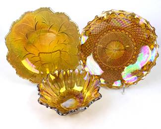 #109 • Three Vintage Iridescent Marigold Carnival Glass Pieces
