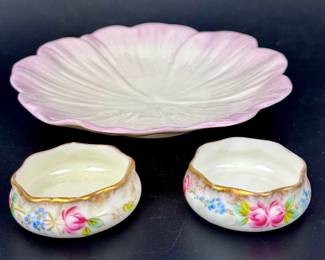#6 • Vintage Belleek Pink Petal Plate & 2 Floral Porcelain Salt Cellars
