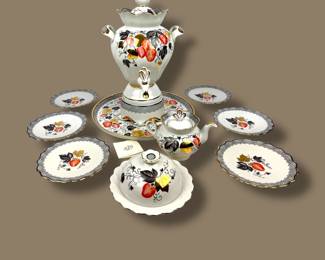 #204 • Russian Vintage Lomonosov Porcelain Samovar, Teapot, Platter & Dessert Plates
