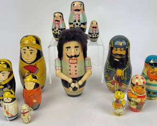 #56 • 3 Sets of Vintage Hand Painted Nesting Dolls- Firemen, Soccer Players, Pirates
