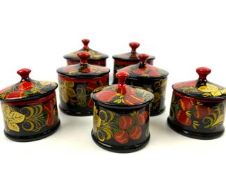 #206 • Collection of 7 Khokhloma Lacquered Boxes with Lids - Russia
