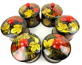 #210 • Collection of 6 Small Khokhloma Lacquered Boxes with Lids - Russia
