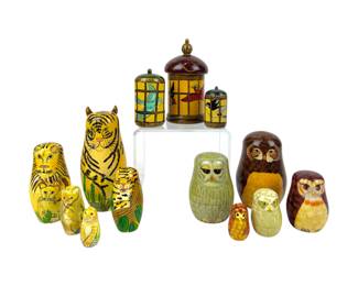 #55 • 3 Sets of Hand Painted Owls & Jungle Cats Nesting Dolls
