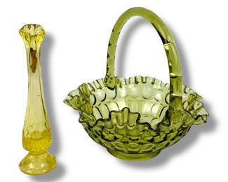 #146 • Vintage Fenton Green Glass Basket and Yellow Bud Vase
