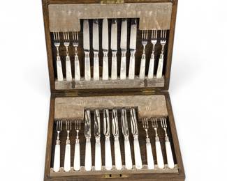 #122 • Antique 24 PC Mother of Pearl Handled Stainless Steel Flatware with Sterling Silver Band
