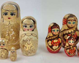 #45 • 2 Sets of 5 Signed Russian Matryoshka Nesting Dolls
