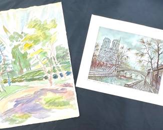 #138 • Unframed Vintage Watercolor and 1972 Notre Dame Print
