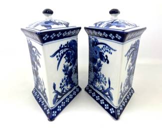 #111 • Two Bombay Blue & White Diamond Shaped Ceramic Ginger Jars
