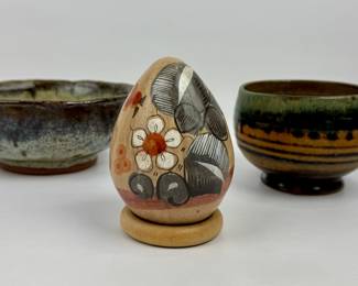 #123 • Mexican Folk Art Pottery Egg and Two Art Pottery Bowls
