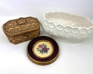 #130 • Three Vintage Pieces - Rose Needlepoint, Wicker Sewing Basket and Porcelain Bowl
