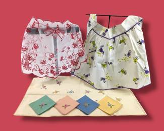 #117 • 2 Vintage Aprons & Linen Embroidered Napkins/Tablecloth Set
