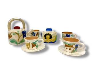 #189 • Russian Signed & Hand Painted Vintage Pottery Teapot, 4 Cups & Sugar Bowl
