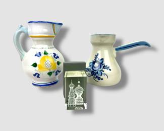 #205 • Russian Vintage Gzhel Pottery Pitcher and Milk Pourer & Glass Paperweight
