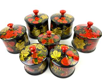 #208 • Collection of 7 Khokhloma Lacquered Boxes with Lids - Russia
