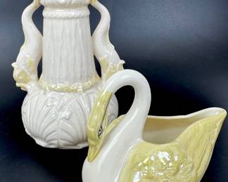 #4 • Vintage Belleek Porcelain Dolphin Bud Vase & Swan Creamer- Ireland
