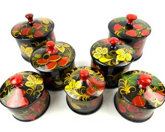 #209 • Collection of 7 Khokhloma Lacquered Boxes with Lids - Russia

