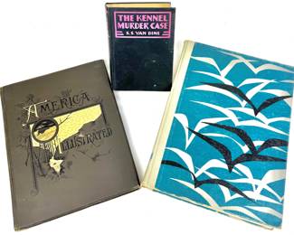 #9 • Antique 1st Edition Books- S.S. Van Dine Kennel Murder Case 1933, America Illustrated 1883, Birds of the World 1961,
