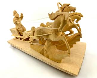 #156 • Russian Sculpture of Bearded Man on Troyka Sleigh with 3 Horses
