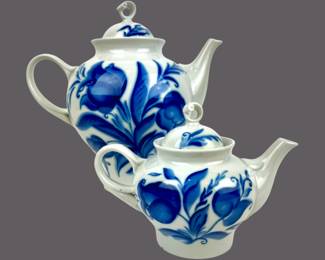 #170 • Two Vintage Russian Gzhel Blue & White Porcelain Teapots -10" & 5"
