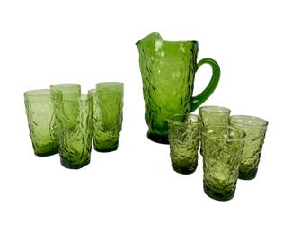 #213 • Mid-Century Seneca Driftwood Green Glass Pitcher, 4 Juice Glasses & 5 Iced Tea Tumblers
