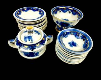 #203 • Vintage Russian Lomonosov Porcelain Saucers, Footed Bowl & Sugar Bowl
