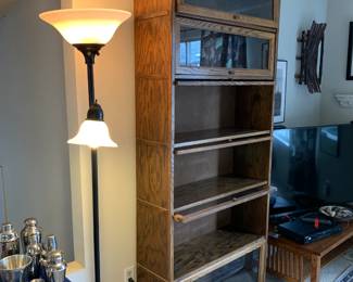 Vintage Oak and Glass Barrister Style Bookcase Shelving 6 Stack. One Piece Unit