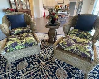 Pr wicker chairs & ottomans