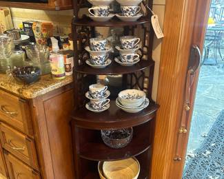 Antique mahogany eterge, Blue Danube cups and saucers and a few cereal bowls