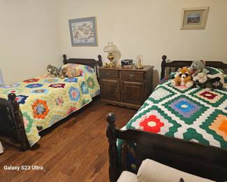 close up of vintage twin beds, great for kids room or guest room