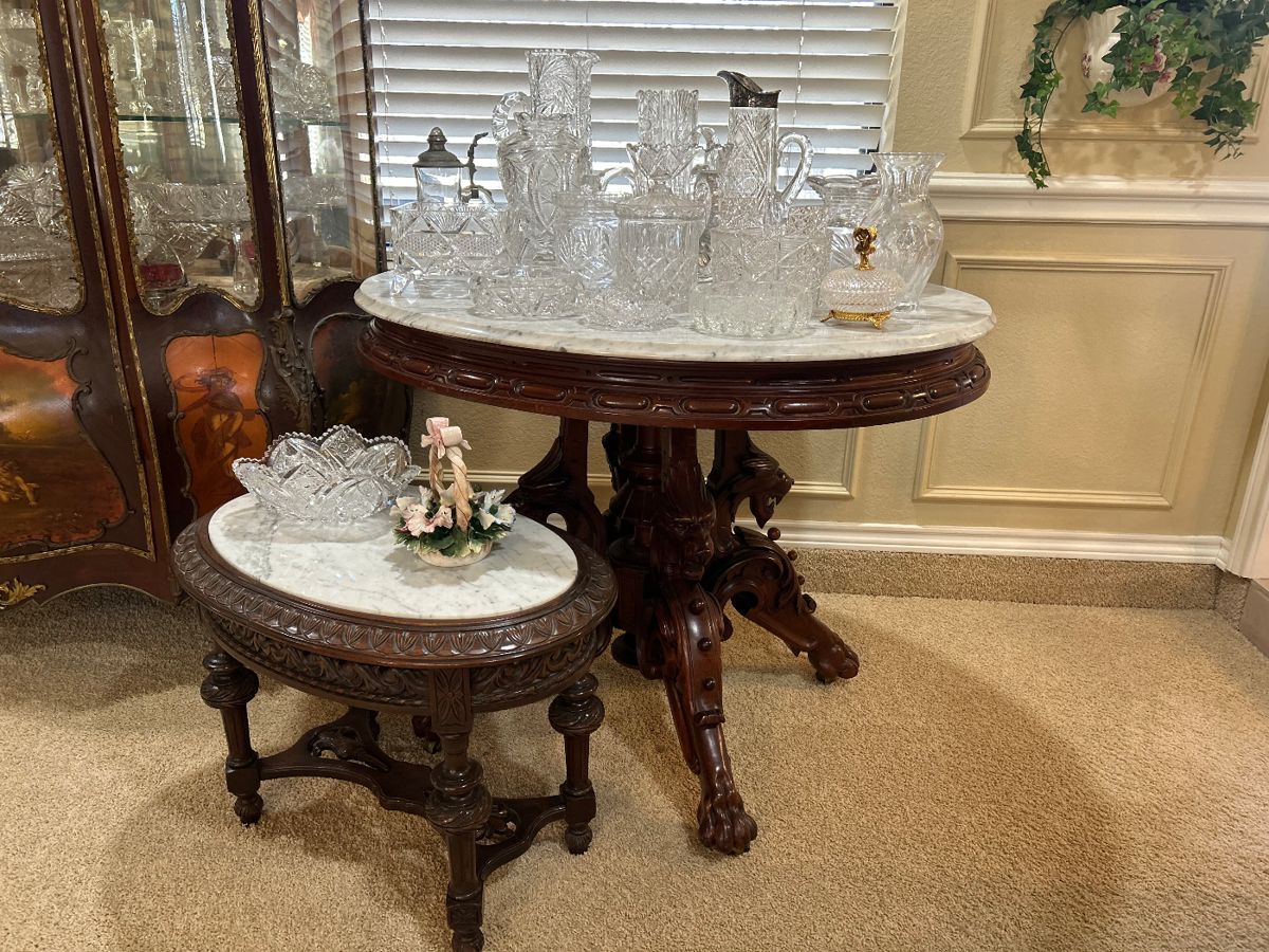 More outstanding, American brilliant pieces and two antique oval walnut marble top tables with carved accents
