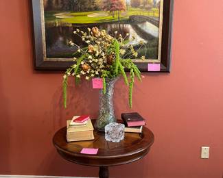 Lovely round, occasional table, large American brilliant vase with flowers Hand painted oil framed