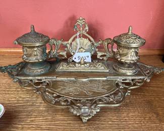 Antique solid brass ink well set