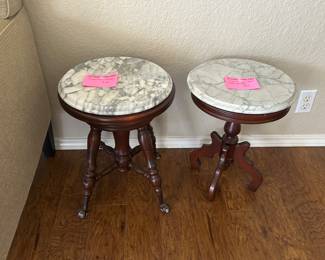 Marble top antique ball and claw piano stool and walnut marble top table
