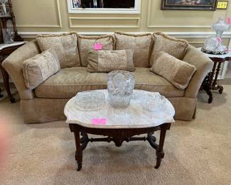 Lovely sofa, Marble top antique coffee table with American brilliant crystal pieces