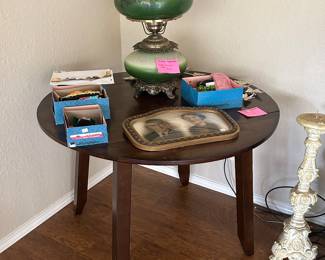 Antique hurricane lamp, round dining table