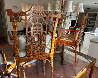 PAGODA style Back Burlwood Chinese Chippendale Armchairs (Pair). With Dining Table (glass top).
