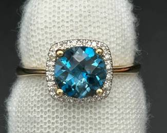 New! Blue Topaz & Diamond Halo Cathedral Basket Ring in Yellow Gold