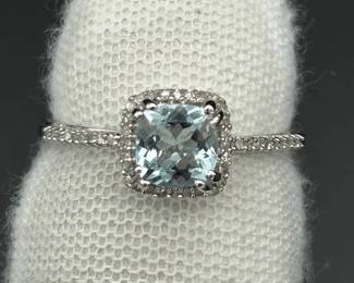 Cushion Aquamarine & Diamond Halo Basket Ring in White Gold