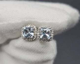 Aquamarine & Diamond Halo Cushion Stud Earrings in White Gold
