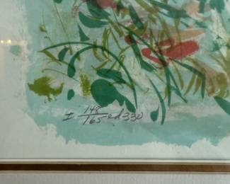 Closeup of Edna Hibel Original Stone Lithograph #281, RENOIR'S GARDEN, Section I. Number 148/165 this section; total print number in various color sections 330