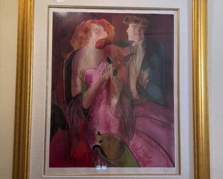 Framed signed color print of a woman, man, and cat, by artist Linda Le Kinff