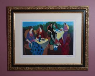 Itzchak Tarkay Serigraph "Morning Social" – Itzchak Tarkay (1935-2012) was an Israeli artist known for his Post-Impressionist style, characterized by his depiction of women in relaxed, casual settings. His works often feature women in cafes, social gatherings, or contemplative moods, presented with vibrant colors and a distinctive, soft form that blends figures and backgrounds seamlessly.
