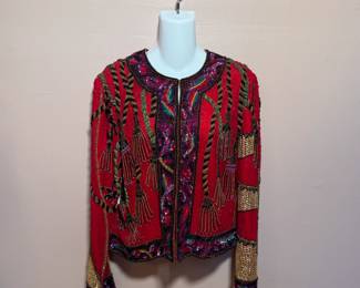 1980's red silk beaded jacket by Della Roufogali for Niteline, size M