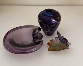 A Midcentury Murano Seguso attributed ashtray, a dark blue iridescent art glass vase, and a signed Daum Nancy France pate de verre glass butterfly on leaf dish
