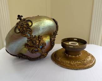 Another view of the lovely antique Art Nouveau era iridescent blown cased glass ceiling mount light fixture with bronze floral scrolls and repoussé base