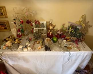 Christmas themed ornaments, figurines, candle holders