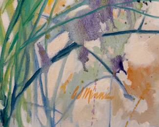 Closeup of signed impressionist color print of flowers