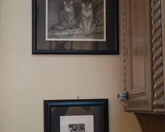 Framed art works including a print of a pair of cats